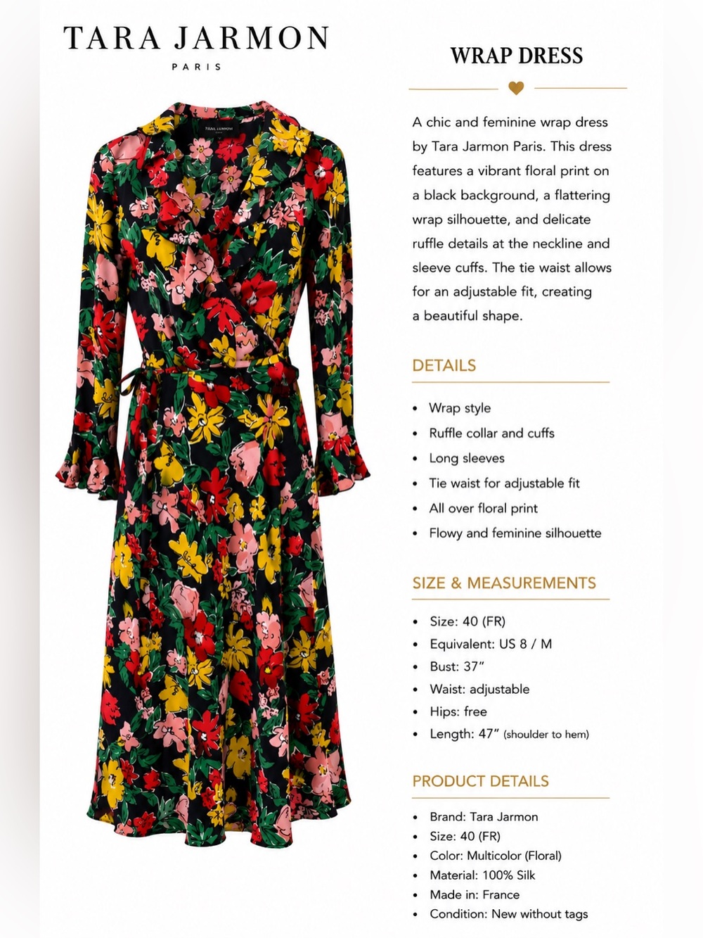 Tara Jarmon Black Floral Wrap Dress with Multicolor Blooms